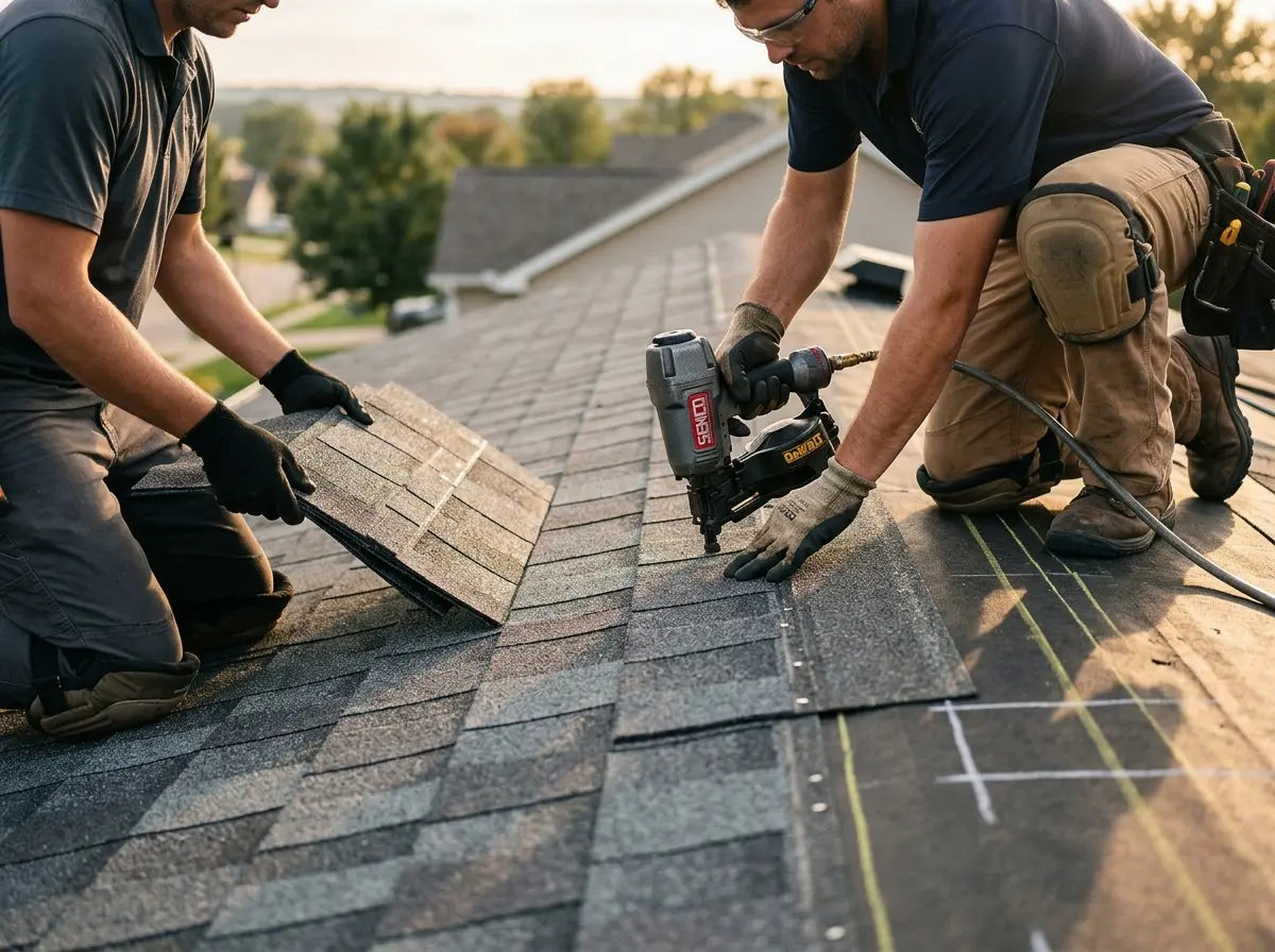 Professional roofer working on a residential roof in Somers